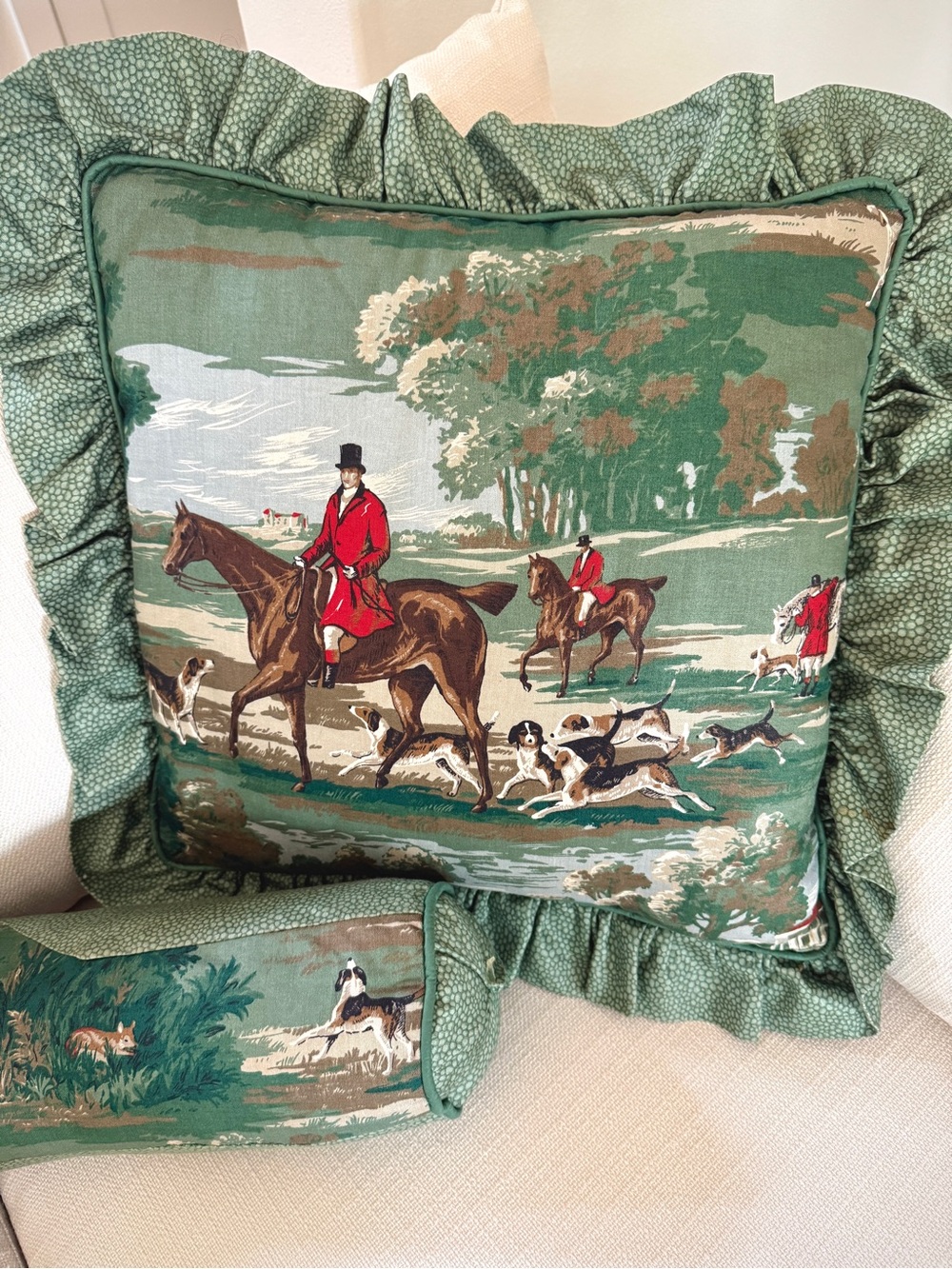 Vintage Fox Hunt Equestrian 18โ Pillow & Bolster English Country Decor